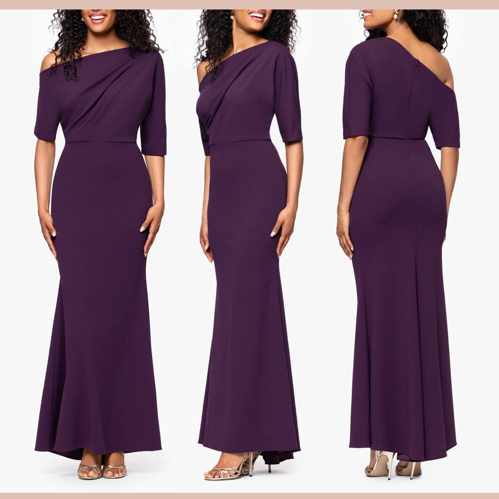 NEW $269 Betsy‎ & Adam [ 16W ] One Shoulder Crepe Scuba Trumpet Gown S2059